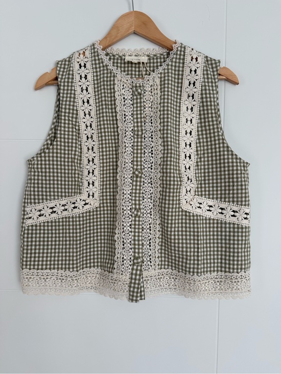 liberty Tops - Olive Gingham Crochet-Trim Sleeveless Top